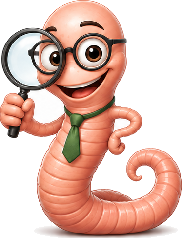 Professor Worm with a magnifying glass