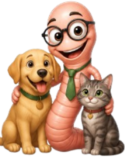 Professor Worm with a friendly dog and cat